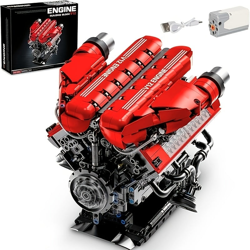 1607pcs Motorized V12 Engine Model Kit with Rechargeable Motor – Sports Car Engine Assembly Set, STEM Mechanical Engineering Building Toy, Group Build Collectible, Holiday Birthday Gift for Adults & Teens