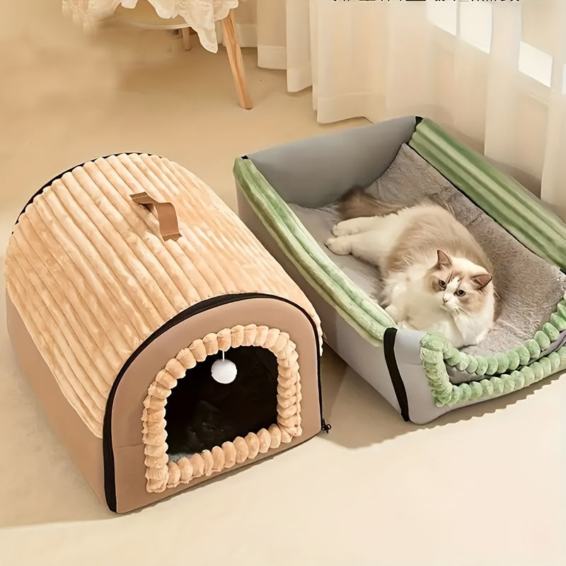 Enclosed Pet House Tent for Cats and Dogs - All-Season Warm Dog Bed with Removable Washable Plush Interior - Indoor Cat Sleeping Nest M L XL Sizes - Cozy Safe Pet Shelter Green Coffee