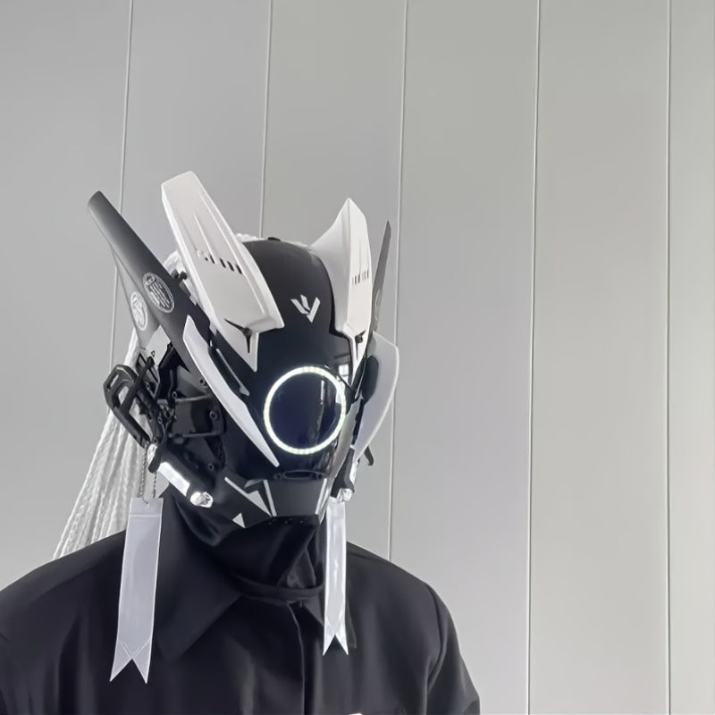 Cyberpunk LED Mask White Horn Helmet with Tassel Futuristic Sci-Fi Headwear – Halloween Cosplay Costume, Bar Club Rave LARP Stage Performance Dress-Up Accessory for Cyberpunk & Sci-Fi Fans