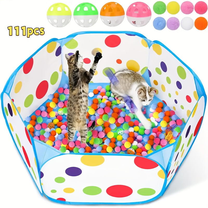 Interactive Cat Toy Set with 110 Balls - 100 Toy Balls & 10 Bell Balls with Cat Fence, Indoor Cat Entertainment & Exercise Kit, Random Color Ball Assortment (Fence Set)