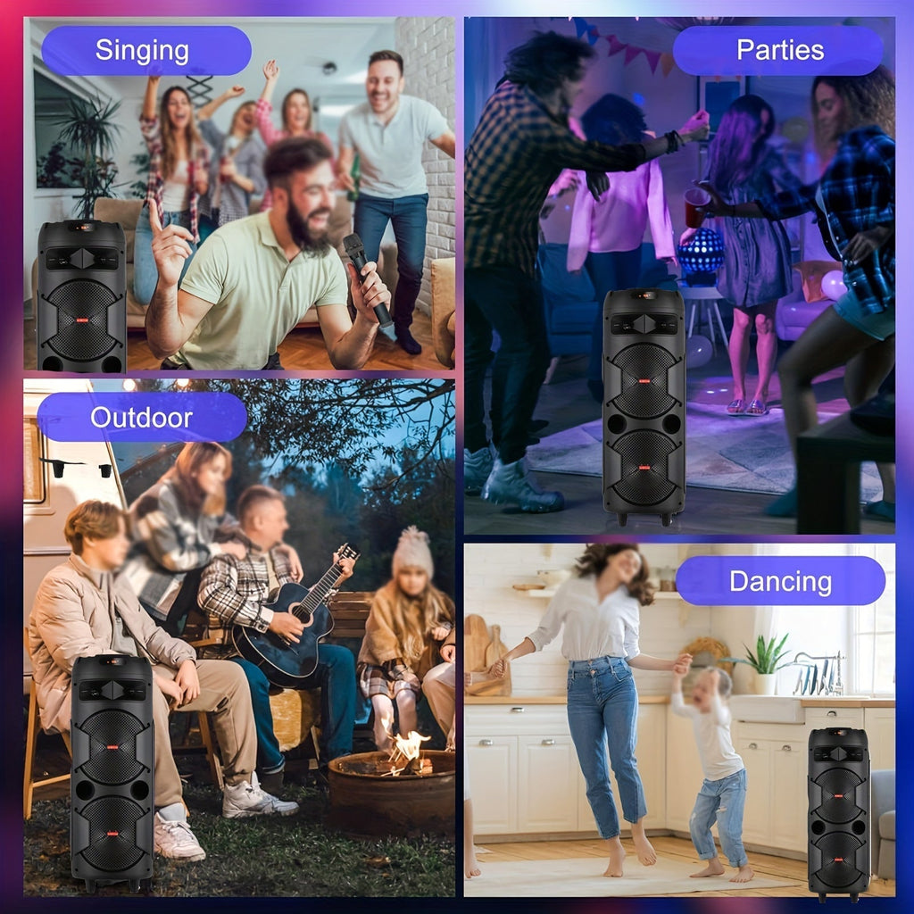 6000W Dual 8" Portable Wireless PA Speaker System – Rechargeable 1800mAh Battery, Wired Mic, Party Lights, Subwoofer, USB/AUX/FM for DJ, Outdoor & Party
