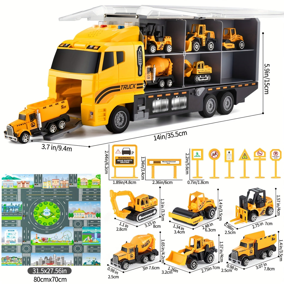 13-in-1 Construction Truck Vehicle Toy Set for Kids Ages 3+ – Die-Cast Cars, Play Mat & Transport Carrier, Sound Effects, Birthday Christmas Gift (Random Accessories)