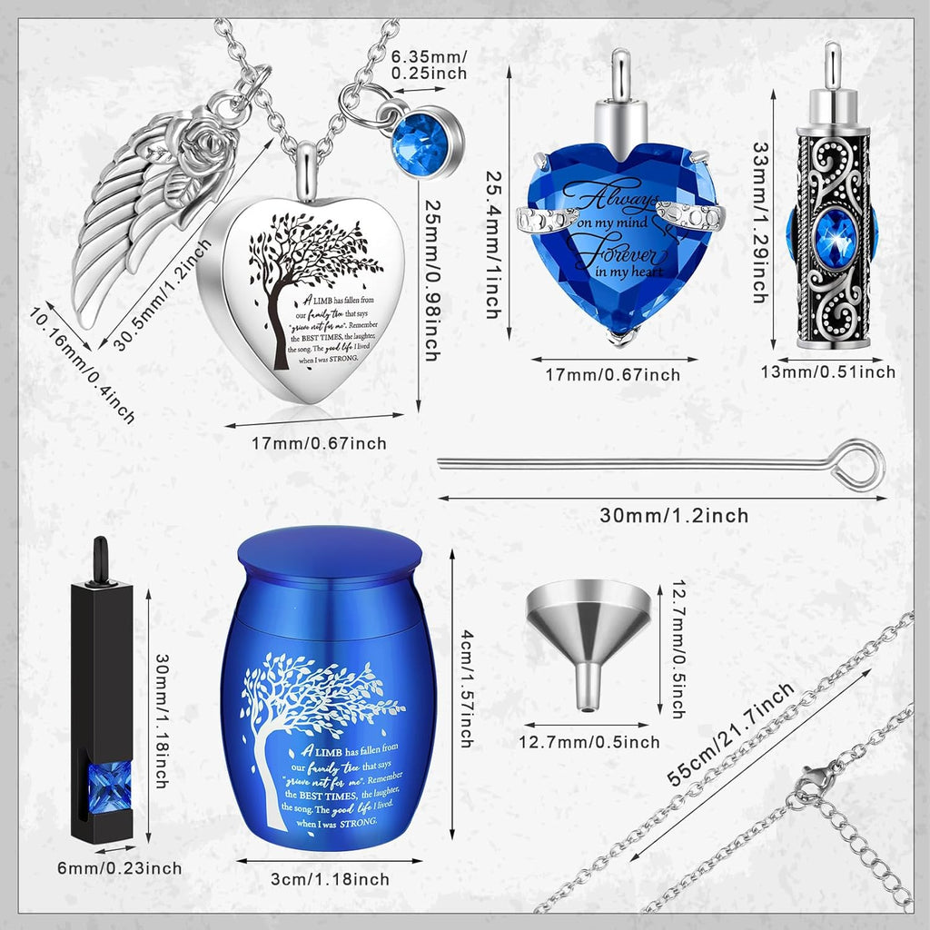 8-Piece Small Cremation Urns for Ashes – Alloy Keepsake Ash Holder Set with Family Tree Memorial Heart Locket Pendant for Adults Men & Women, Burial & Cremation Remembrance Gift, 8 Colors