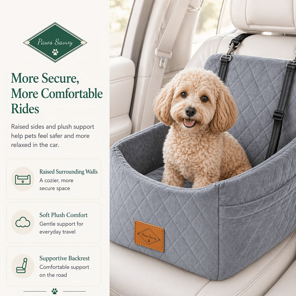 Dog Car Booster Seat with Safety Strap – Cozy Elevated Travel Bed for Small & Medium Dogs, Stable Non-Slip Design, Easy to Clean, 8 Colors Available