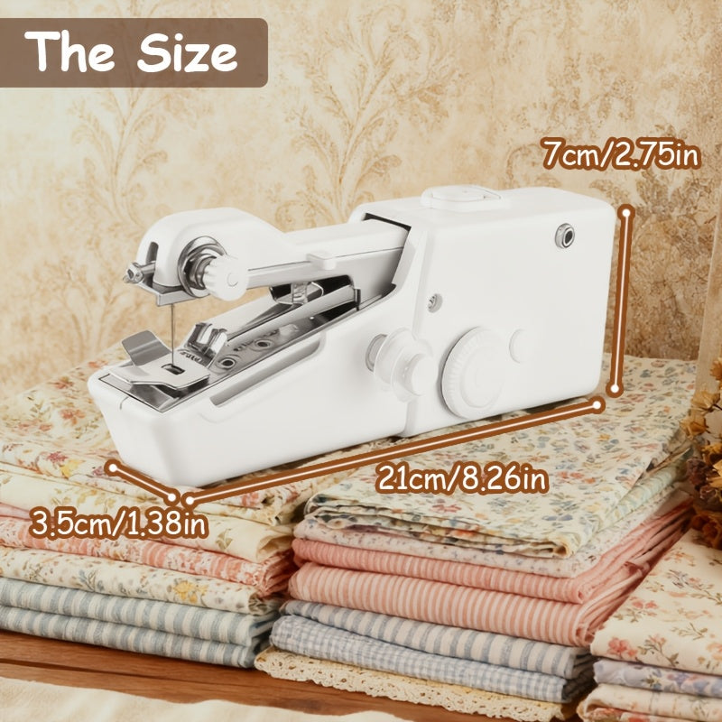 Compact Handheld Sewing Machine Kit Portable Battery Powered with Needles Bobbins Thread Spool Needle Threader and Fabric Sample – Quick Repair Tool for Clothes Garments Curtains and DIY Sewing Projects