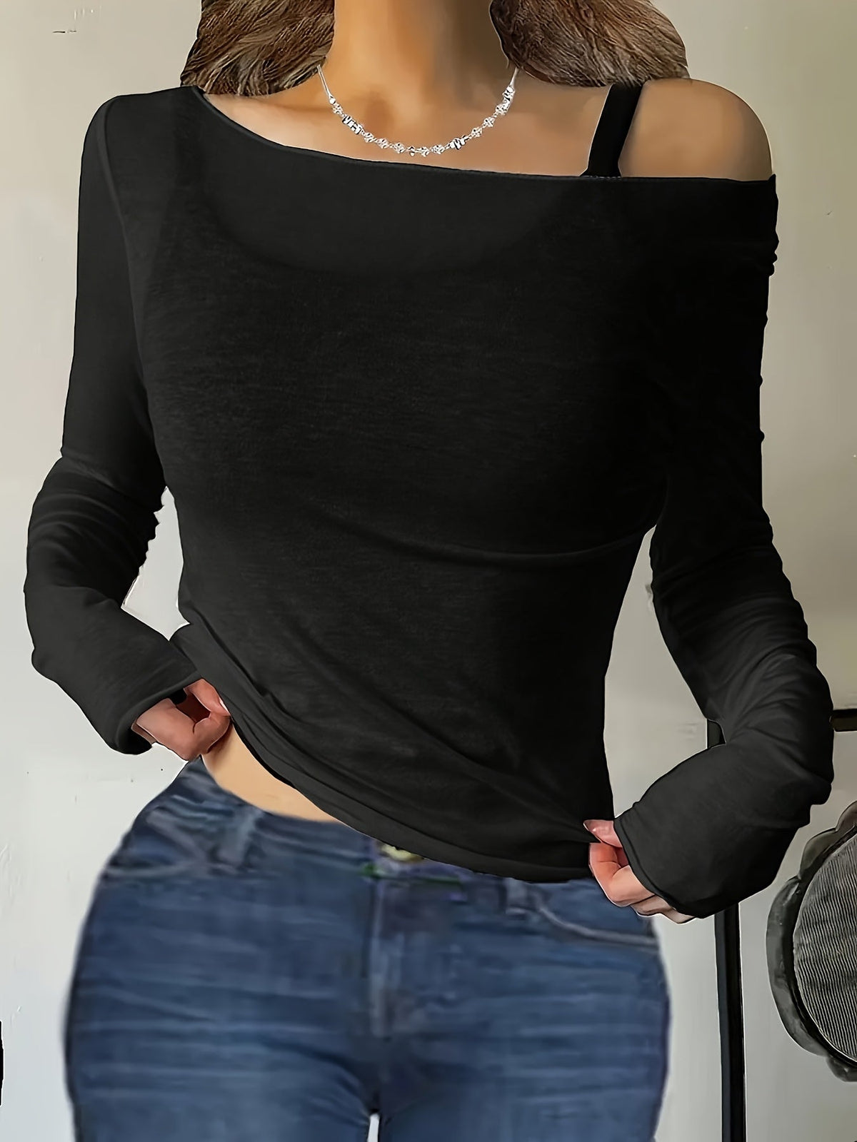Women's Off Shoulder Sheer Top Long Sleeve Slim Fit - Asymmetric Neckline Semi-Transparent Stretch T-Shirt, Elegant Layering Top Spring Summer Going Out Shirt