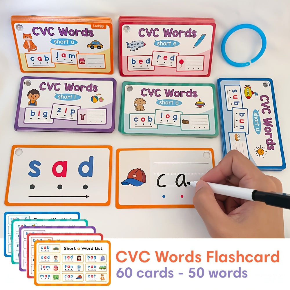 60 Pcs Erasable CVC Word Phonics Flash Cards for Kids Kindergarten Preschool Reading Spelling Learning Aids Beginning Readers Word Builders Mixed Colors Classroom Homeschool Supplies Gift
