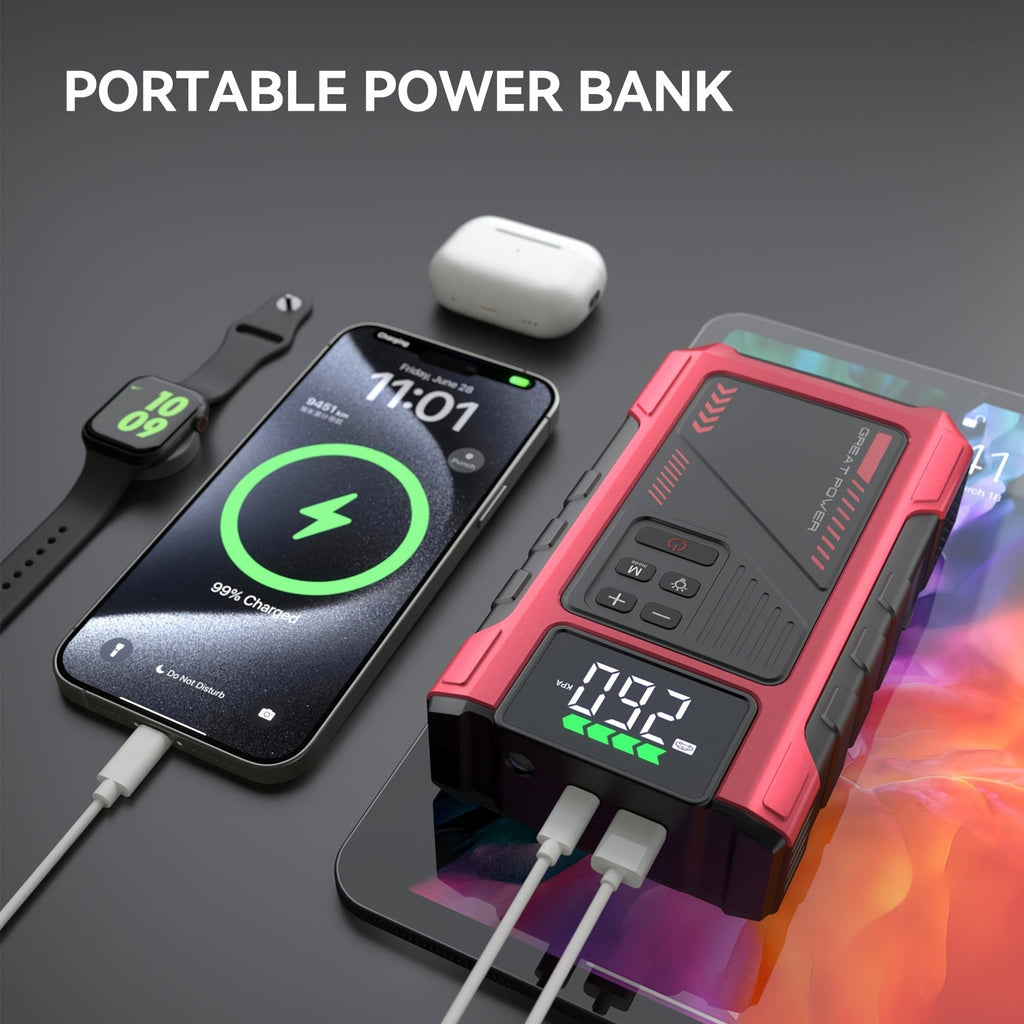 9-in-1 Portable Jump Starter with Air Compressor for 12V Car Up to 8.0L Gas 6.5L Diesel – Battery Booster Pack with Tire Inflator, USB Power Bank, LED Emergency Light & Roadside Kit