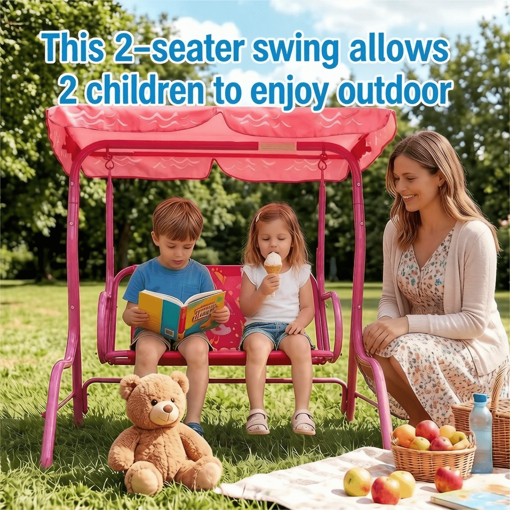 2-Seater Kids Outdoor Patio Swing Chair with Adjustable Sun Canopy Safety Belts Metal Stand Porch Swing Bench for Backyard Garden Balcony Ages 3+ 180 lbs Capacity