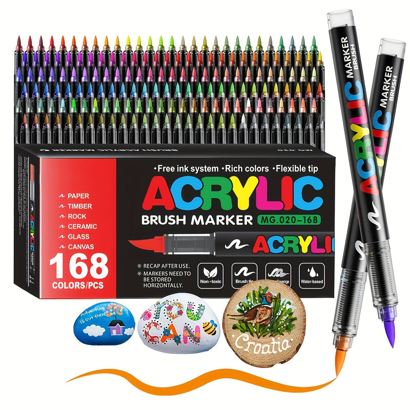 Acrylic Paint Markers Brush Tip – 12/24/36/48/60/72/120/168 Colors for Rock, Metal, Glass, Wood, Canvas, Ceramic & Plastic, DIY Hand-Painting Art Supplies, Back to School Halloween Christmas Birthday Gift