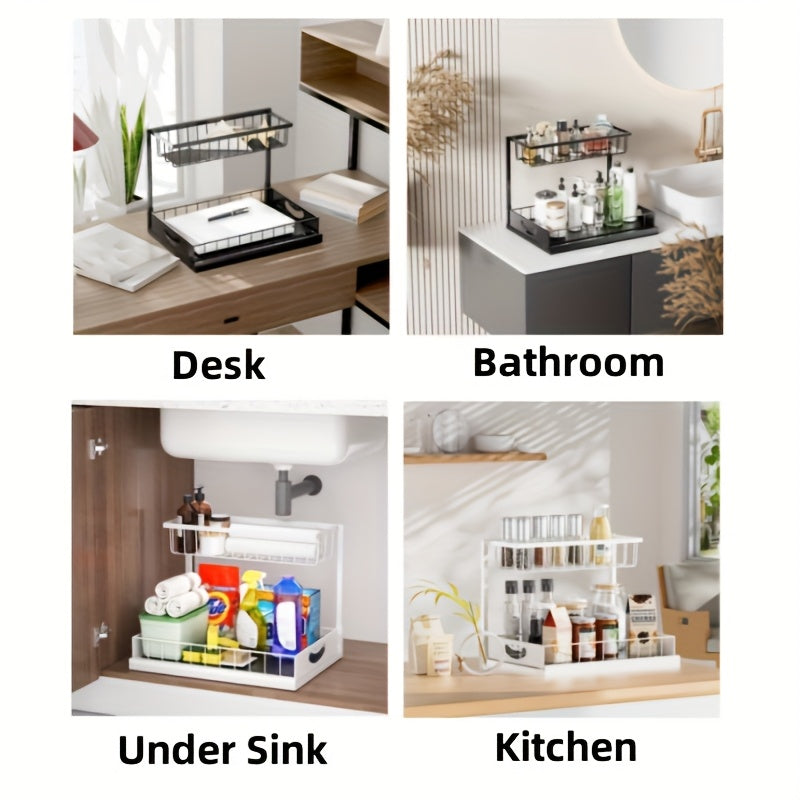 Pull Out Under Sink Organizer 2-Tier Slide-Out Cabinet Shelf, Kitchen Bathroom Utility Rack Storage Shelves, Sliding Cabinet Organizer for Under Sink Kitchen Bathroom Pantry – 1 or 2 Pack Options