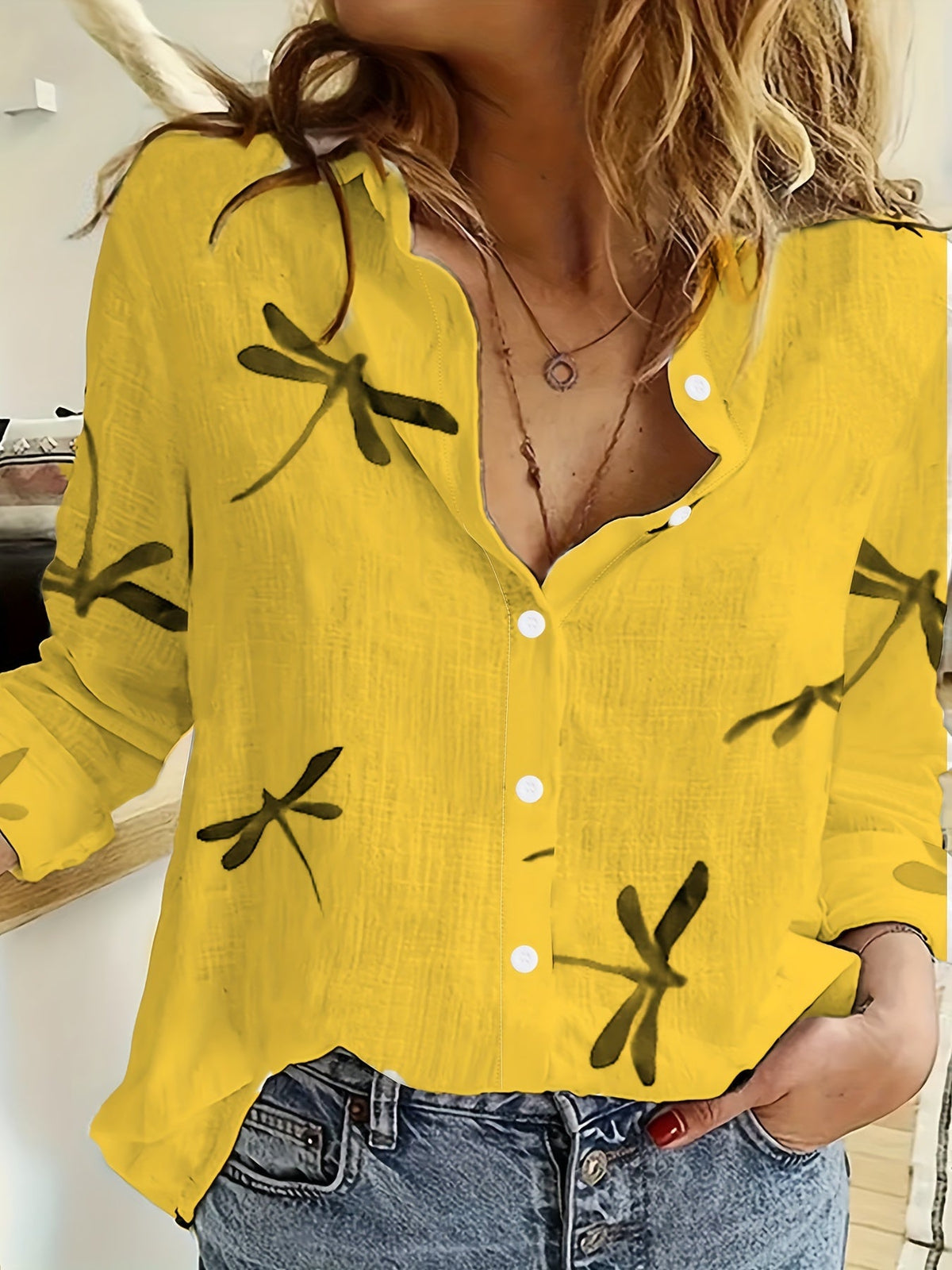 Women's Dragonfly All-Over Print Loose Blouse Shirt – Casual Lapel Collar Summer Top, Breathable Polyester Elastane Fabric, Lightweight Relaxed Fit, Colorful Nature Pattern, Stylish Everyday Wear