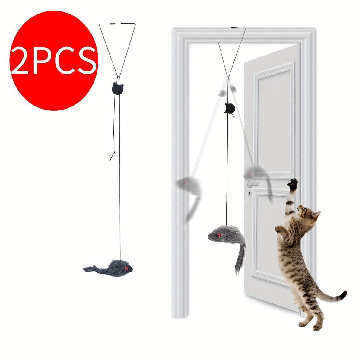 Hanging Cat Toys 2-Pack Adjustable Interactive Teaser Toy for Indoor Cats Kittens Door Knob & Cage Mount Dangling Cat Entertainment Toy Set