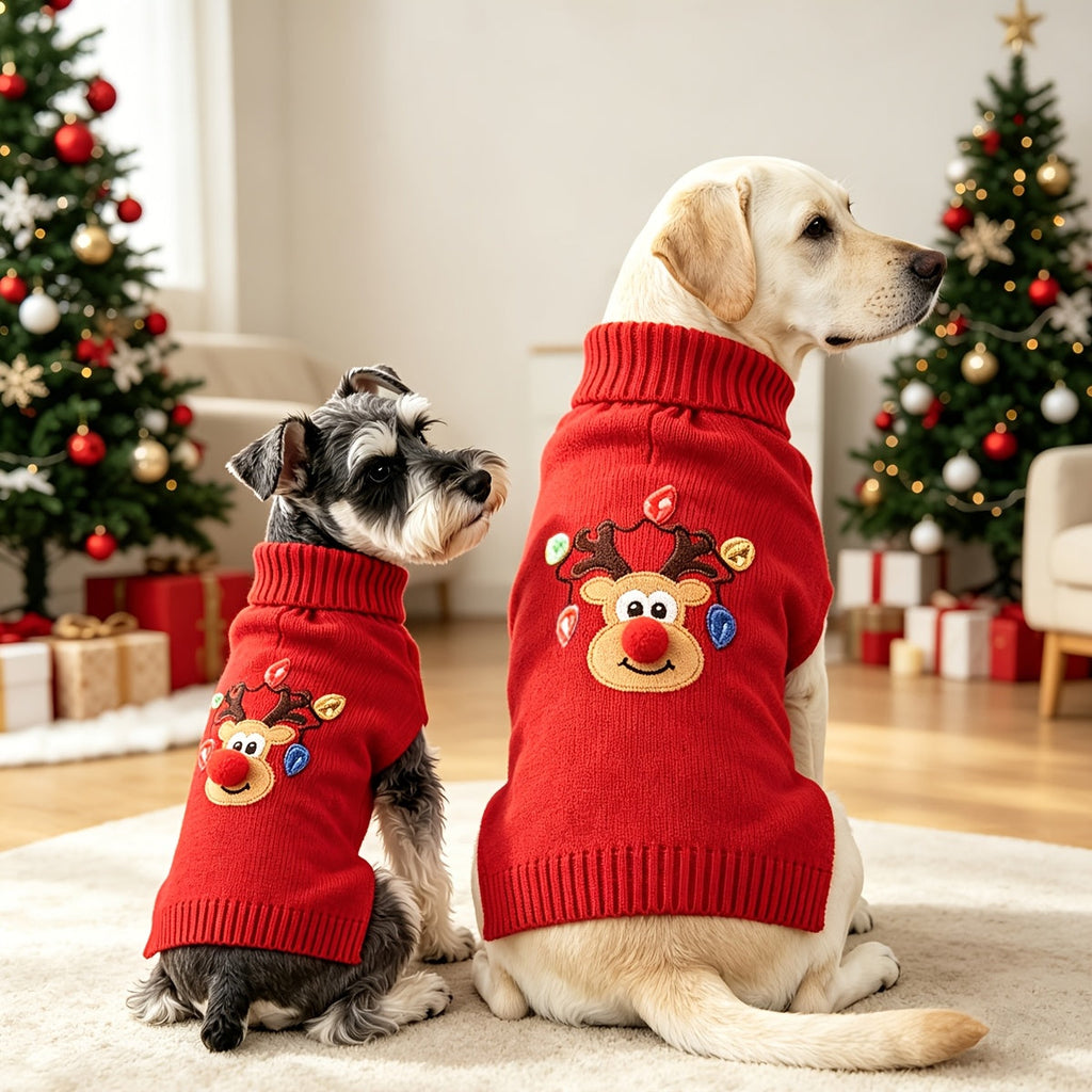 Christmas Deer Dog Sweater – Thickened Knitted Turtleneck Winter Sweater for Medium and Large Dogs, Soft Warm Festive Red Holiday Knitwear for Labrador Rottweiler Beagle, Elastic Cozy Dog Apparel