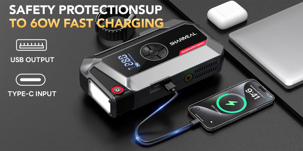 20000A Car Jump Starter with Air Compressor 18-in-1 Portable Power Pack – Smart Jumper Cables Quick Charge LED Light Large Display for All Gas & Diesel Engines, Emergency Car Battery Booster