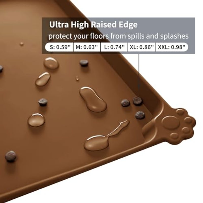 Silicone Pet Feeding Mat Waterproof Non-Slip 18.5x11.5 Inch for Dogs Cats - Dishwasher Safe Dog Bowl Mat Placemat for Food and Water Bowls - Brown Pet Mat Floor Protector