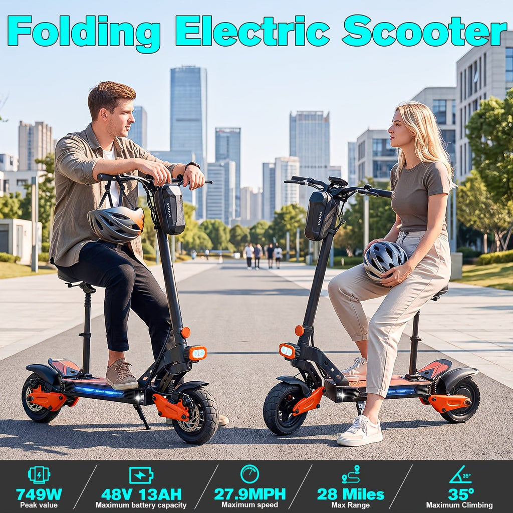 749W Electric Scooter with Seat for Adults – 27.9 MPH Top Speed, 48V 13Ah Battery 28-Mile Range, Foldable Design, Dual Shock Absorbers, Off-Road Tires, Urban Commuter & Outdoor Travel E-Scooter