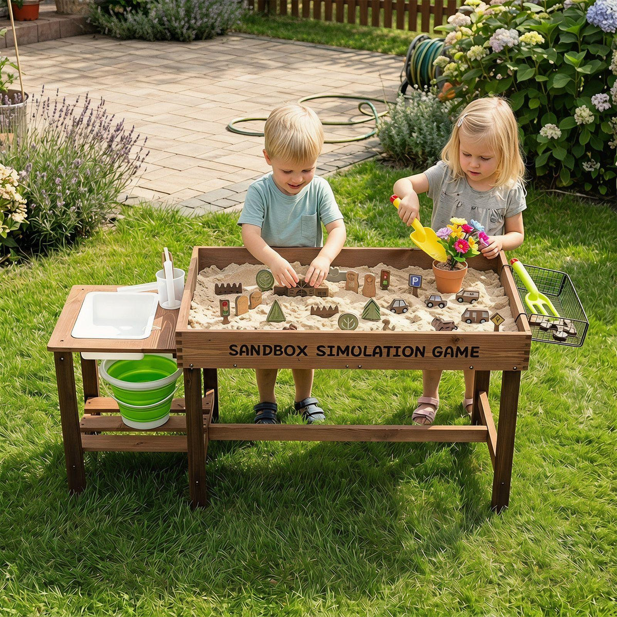 Kids Wood Sensory Sand and Water Activity Table with Sink Water Pump 33 Sand Toys Rake Shovel Indoor Outdoor Sandcastle Building Toddler Learning Sensory Play Gift for Boys Girls Ages 3 Plus