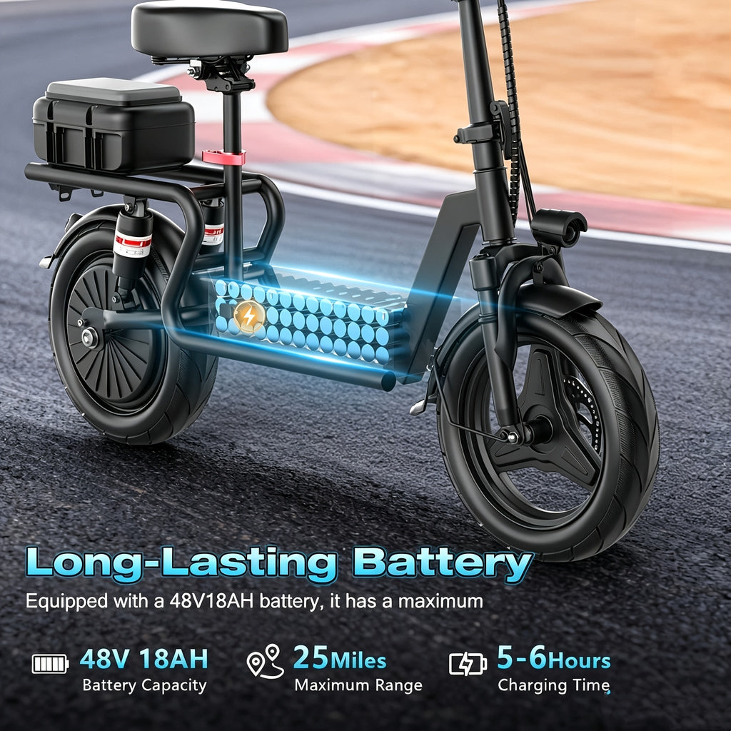 749W Electric Scooter with Seat & Rear Trunk - 48V 18Ah Battery Up to 25 Miles Range, 3-Speed Commuter E-Scooter, Dual Disc Brakes, Key-Lockable Detachable Trunk | Adults City Commuter