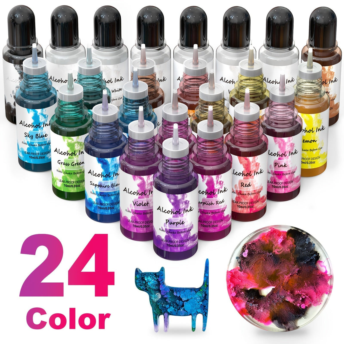 Alcohol Ink Set 24 Colors 10ml – High-Concentration Resin Dye for Epoxy Resin Art, Tumblers, Coasters, Fluid Painting & Crafts, Fast-Drying Acid-Free Pigment