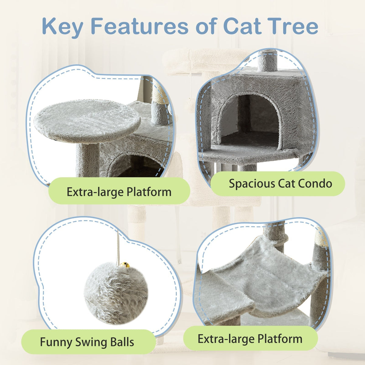 44-Inch Cat Tree Tower with Condo & Hammock – Natural Sisal Scratching Posts, Multi-Level Perches & Pet House for Indoor Cats, Available in Beige, Gray, Pink & Black/Red