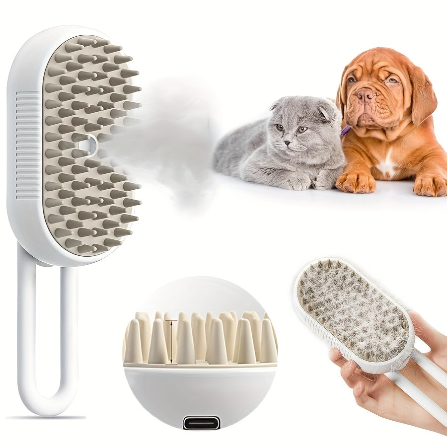 3-in-1 Rechargeable Cat Steam Brush Self-Cleaning Grooming Comb with Steaming Technology for Cats Detangle Shedding Removal Spray System USB Rechargeable Pet Grooming Tool