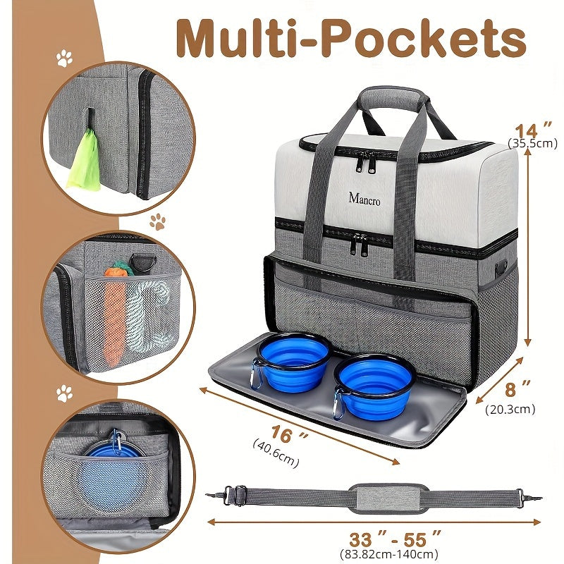 Dog Travel Bag with 2 Extra-Large Food Containers & 2 Collapsible Bowls – Dual-Layer Multi-Pocket Pet Organizer for Road Trips & Camping, Waste Bag Dispenser, Feeding Mat, All Dog Sizes, Gray