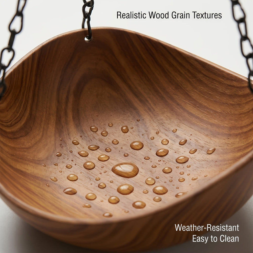Hanging Bird Feeder and Water Bath 2 Pack - Bowl-Shaped 1-Tier Feeder with Wood Grain Appearance, Thickened Metal Chain & Stable Hook, Spacious Outdoor Garden Bird Feeder for Wild Birds