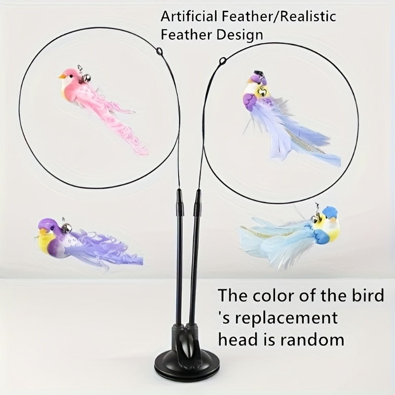 Cat Teaser Toy Set 3pc - Simulated Bird Feather Wand with Double Rod Strong Suction Cup and Bell for Interactive Training Boredom Relief - No Battery Indoor Cat Toy Nylon Feathers Random Color