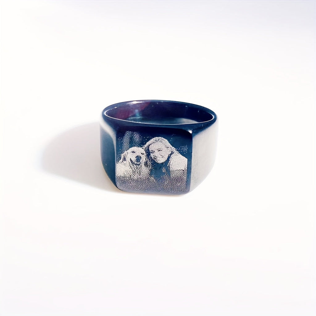 Custom Laser Engraved Dog Memorial Ring – Personalized Pet Photo Tribute Stainless Steel Square Band, Unisex Sizes 7–12, Black Finish Memorial Friendship Jewelry for Men & Women