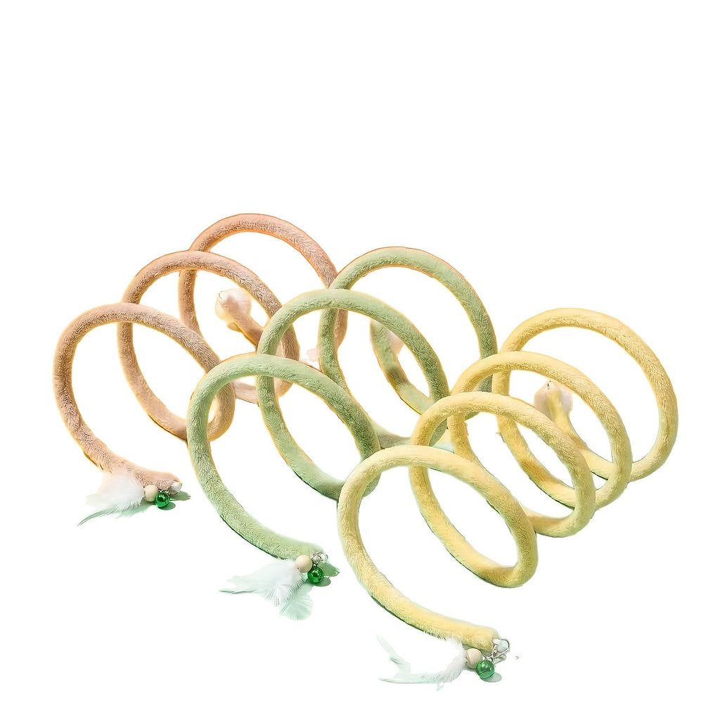 Foldable Cat Tunnel Toy with Feather Pom-Pom Pendant – Coiled Spring Interactive Cat Play Tube, Plush Self-Entertainment Cat Stick for Indoor Cats, Collapsible Pipe for Large Medium & Small House Cats