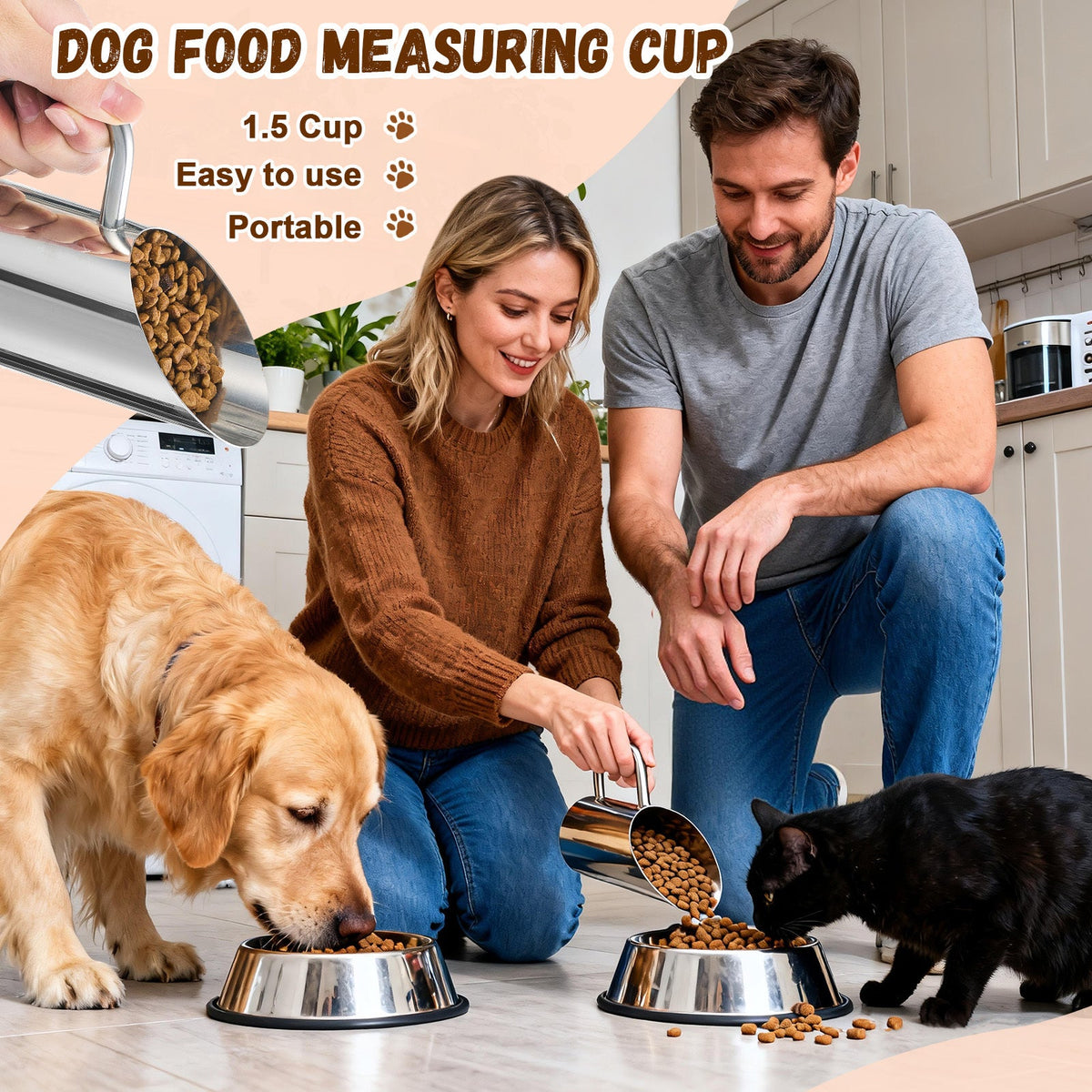Stainless Steel Dog Food Scoop 2-Piece Set - 1.5oz & 12oz Durable Metal Pet Food Cup with Ergonomic No-Slip Grip Handle, Rust-Resistant Easy-Clean Dog & Cat Food Measuring Scoop for Kibble & Feed Buckets