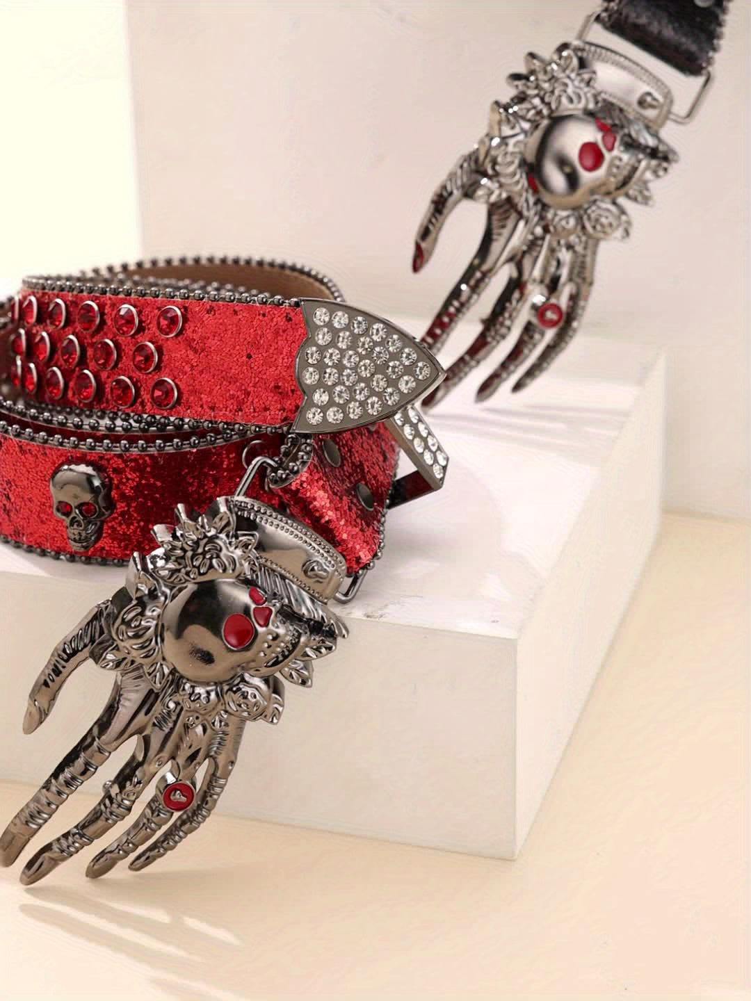 Unisex Punk Skull Belt – Rhinestone-Embellished Faux Leather with Zinc Alloy Skull Buckle, Bold Statement Fashion Accessory for Halloween, Parties & Daily Wear, 5 Colors Available