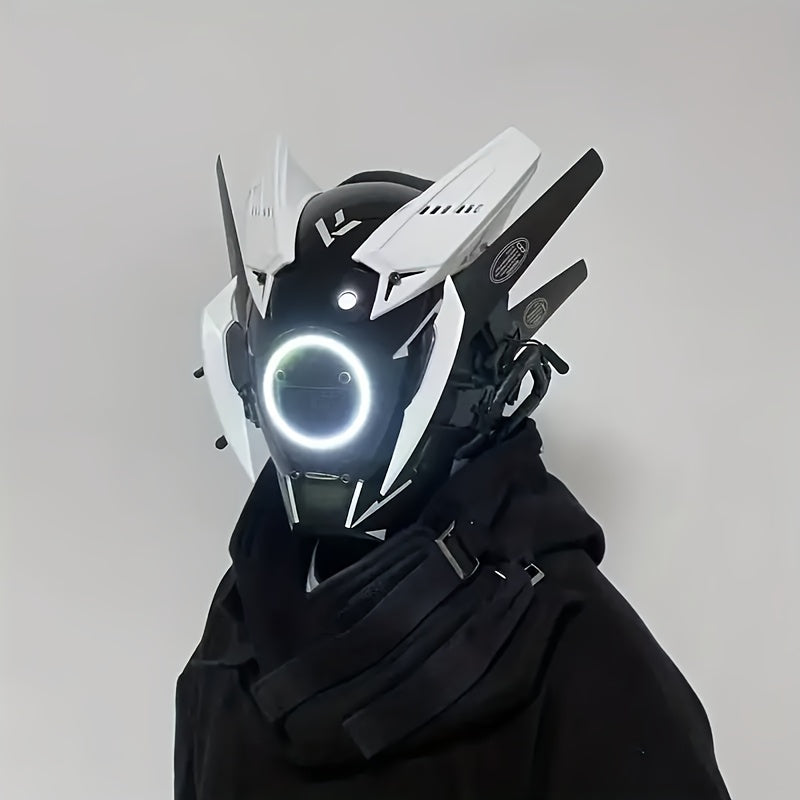 Cyberpunk LED Mask White Horn Helmet with Tassel Futuristic Sci-Fi Headwear – Halloween Cosplay Costume, Bar Club Rave LARP Stage Performance Dress-Up Accessory for Cyberpunk & Sci-Fi Fans