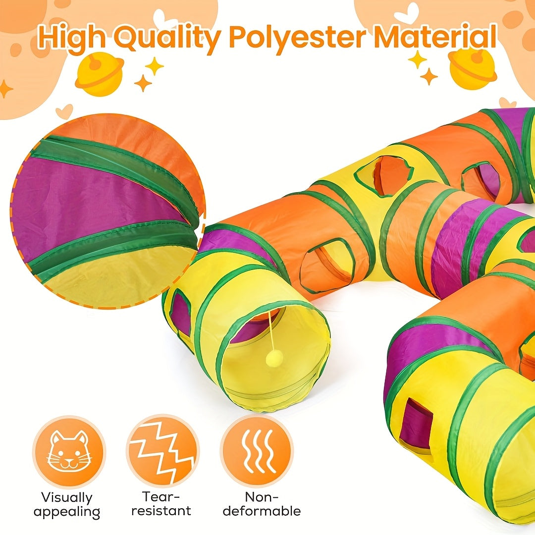 Collapsible Cat Tunnel H-Shape 4-Way with Interactive Play Balls – Washable Tear-Resistant Cat Tube for Indoor Play & Hide-and-Seek, Durable Kitten Entertainment Toy, Iridescent Rainbow & More Colors