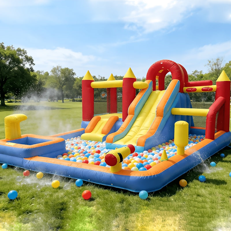 13-in-1 Inflatable Water Bounce House with 550W Blower, Dual Slides, Splash Pool, Water Cannon, Climbing Wall, Basketball Hoop, Fishing & Ring Toss - Kids Backyard Water Park Jumping Castle for Summer