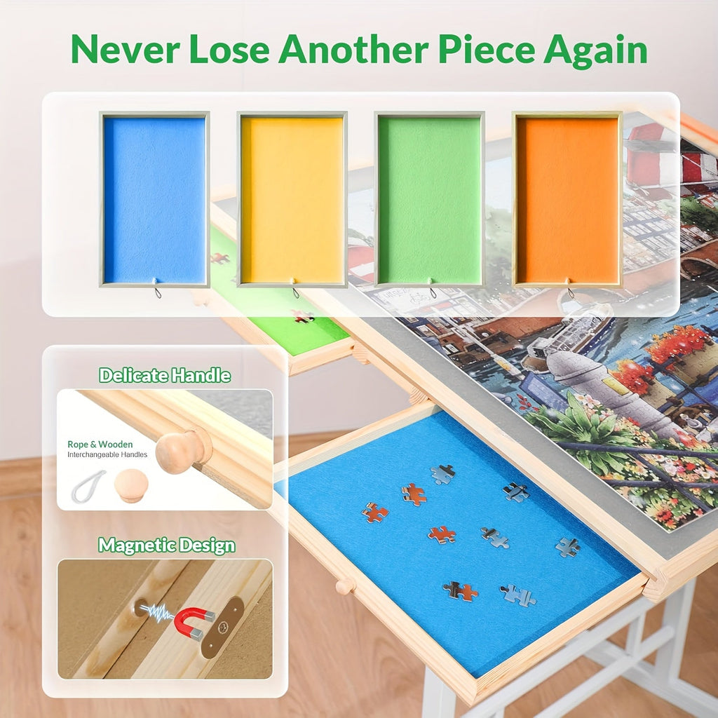 Adjustable Puzzle Table for 1500-Piece Puzzles – Tilt & Height Adjustable Solid Wood Puzzle Board with Storage Drawer – Portable Adult Puzzle Station – Ideal Birthday & Holiday Gift