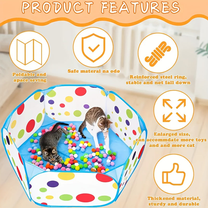 Interactive Cat Toy Set with 110 Balls - 100 Toy Balls & 10 Bell Balls with Cat Fence, Indoor Cat Entertainment & Exercise Kit, Random Color Ball Assortment (Fence Set)