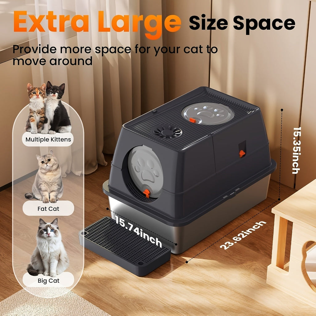 XL Stainless Steel Enclosed Cat Litter Box with Flip Top Lid & High Sidewalls – 3-in-1 Anti-Scatter Metal Litter Pan for Large Cats & Multi-Cat Households