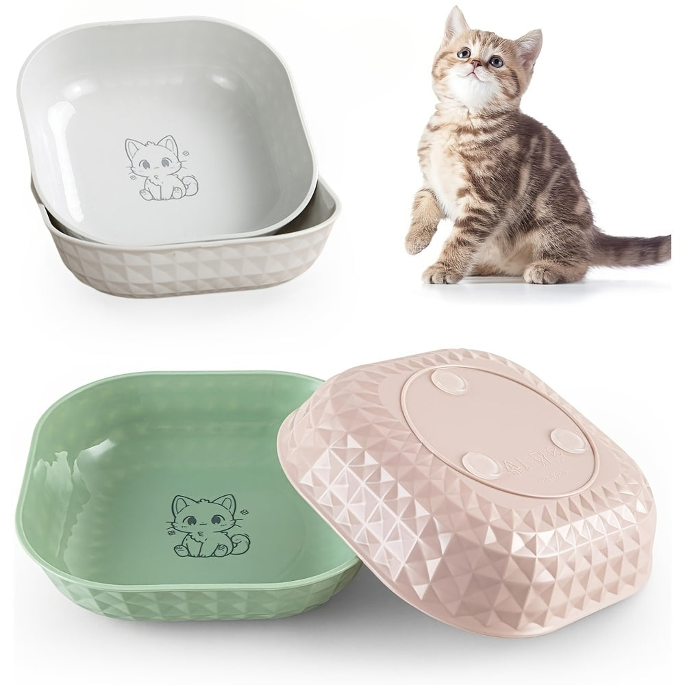 Cat Bowl Set 3 Pack - Non-Spill Shallow Wide Cat Food Bowls, Anti-Fatigue Whisker-Friendly Design, Engraved Kitten Pattern, Pet-Safe Durable Dishes for Indoor Cats, Healthy Ergonomic Feeding Bowls