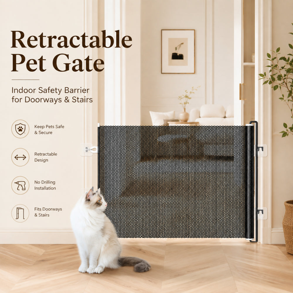 Retractable Pet Gate with Double Lock – Adjustable Mesh Safety Barrier for Doorways, Hallways & Stairs, Hardware Mounted Dog & Cat Gate, Black