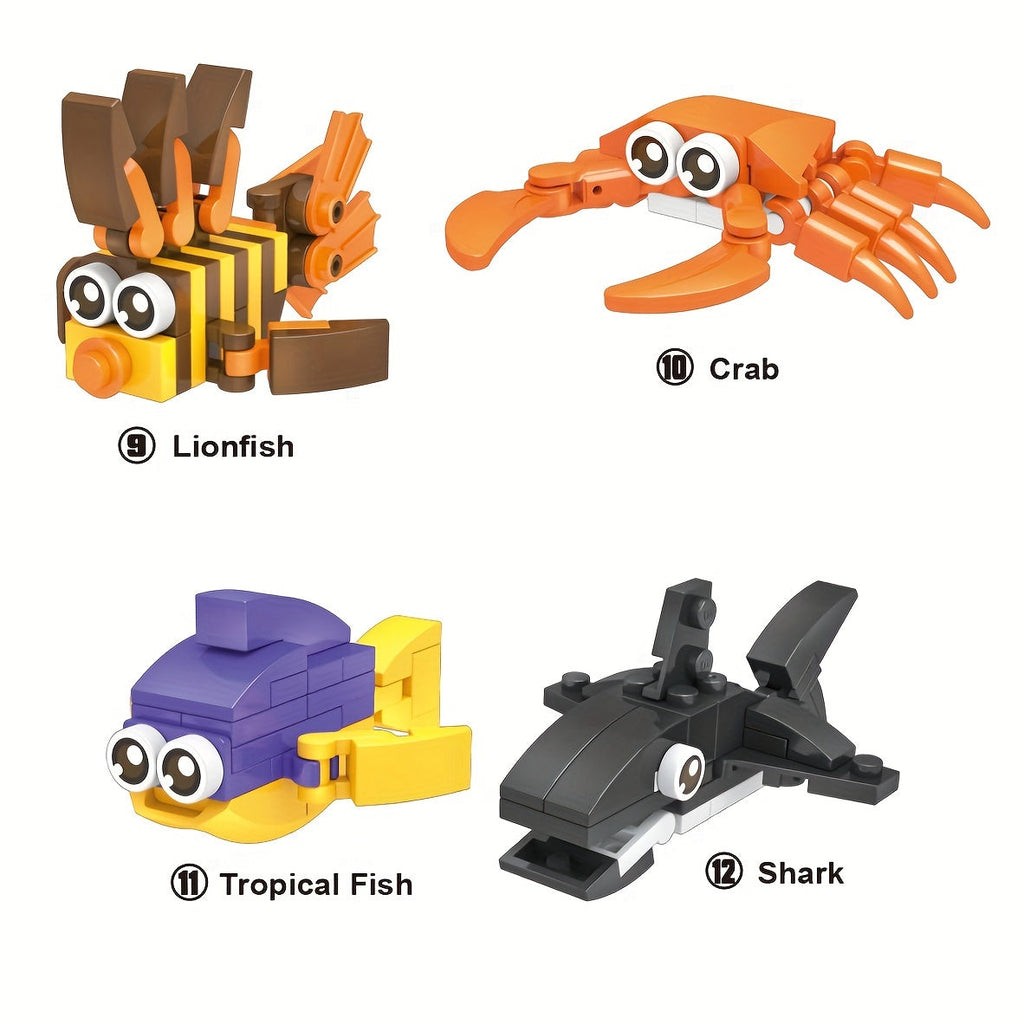 Ocean Animal Building Blocks Set for Kids 12pcs – Colorful Seahorse Octopus Crab Sea Turtle Lantern Fish Figures, Educational STEM Toy, Durable ABS Sea Creature Models, Fun Gift for Boys Girls Ages 3+
