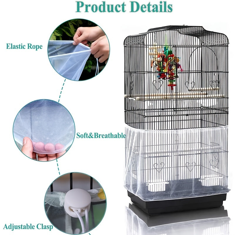 Bird Cage Cover Polyester Mesh Dust-Proof Light-Penetrating with Elastic Rope Fastener for Parrots Budgies Cockatiels Small to Large Cages Black White 31.5in Height