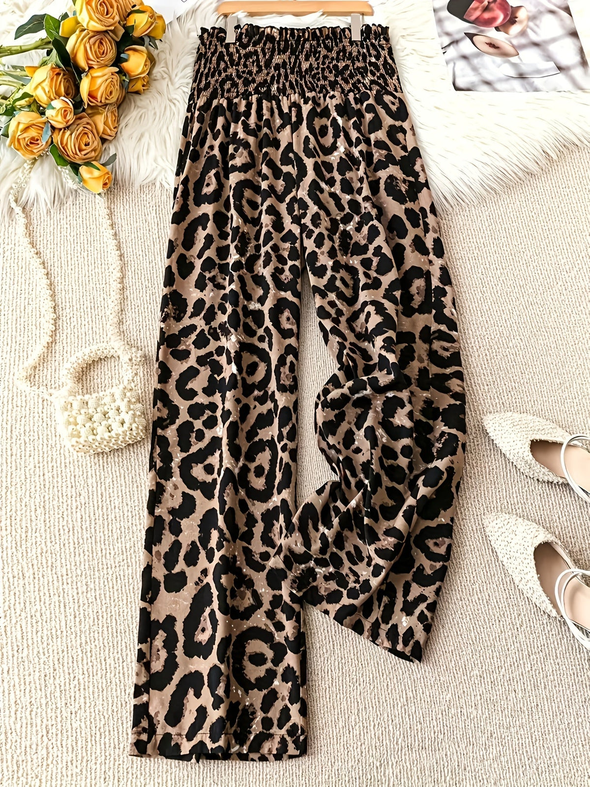 Women's Leopard Print Wide Leg Pants Loose Fit Casual Flowy Trousers S M L XL Boho Animal Print Bottom