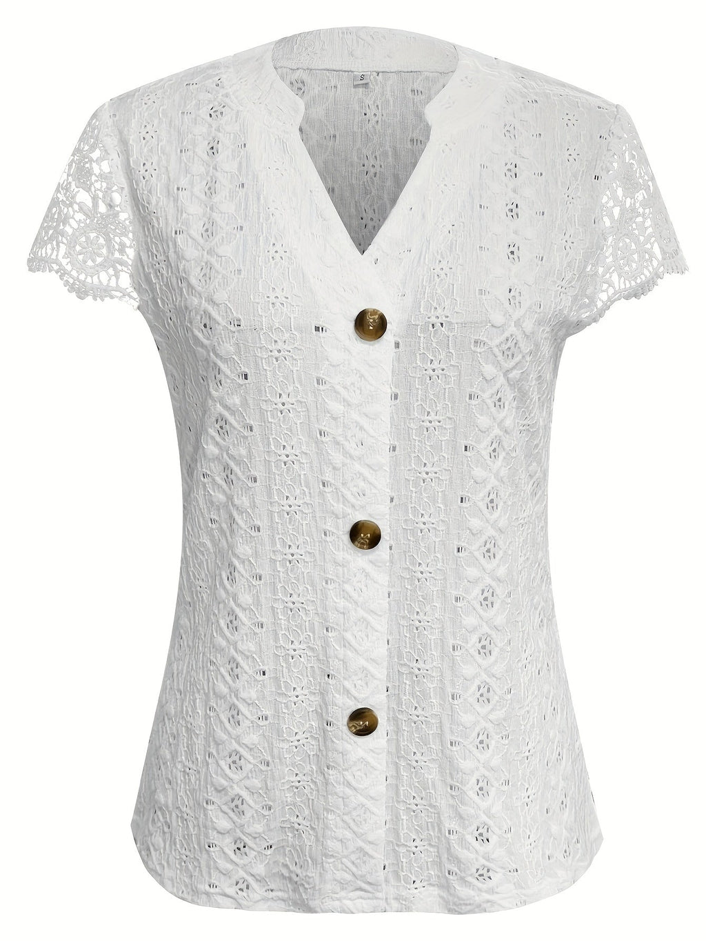 Women's Lace Trim V-Neck Button-Front T-Shirt Elegant Casual Short Sleeve Summer Top Lightweight Knit Regular Fit Machine Washable S M L XL XXL