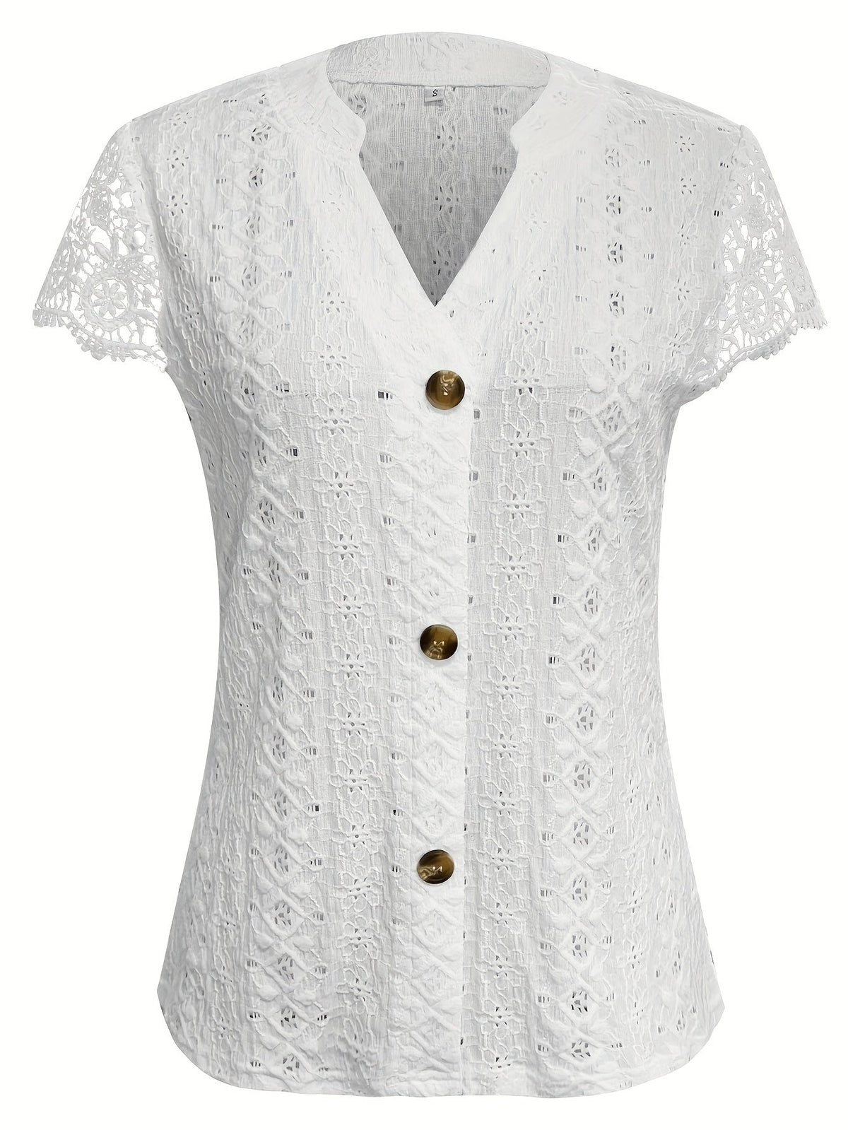 Women's Lace Trim V-Neck Button-Front T-Shirt Elegant Casual Short Sleeve Summer Top Lightweight Knit Regular Fit Machine Washable S M L XL XXL