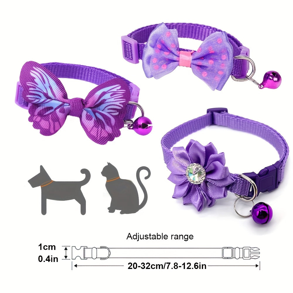 Floral Cat Collars with Bell & Bow Tie 3-Pack - Adjustable Pink & White Polyester Pet Collars for Cats & Small Dogs, Cute Breakaway-Style Kitten Collar Set with Decorative Bell and Bow Knot Accent