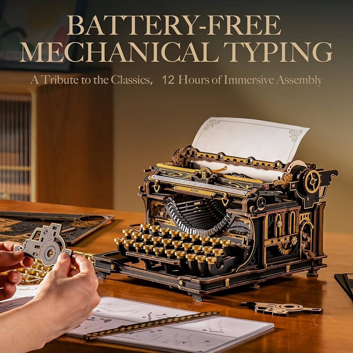 ROBOTIME 3D Wooden Mechanical Typewriter Model Kit - Vintage Retro Assembly Puzzle for Adults & Teens 14+, DIY Wood Craft Desktop Decor | Unique Gift Idea for Home Office | Black Gold & Fairy Tale Edition