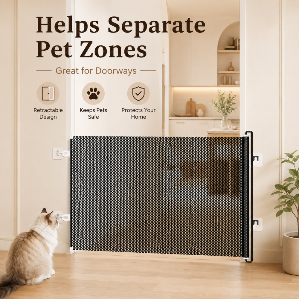 Retractable Pet Gate with Double Lock – Adjustable Mesh Safety Barrier for Doorways, Hallways & Stairs, Hardware Mounted Dog & Cat Gate, Black
