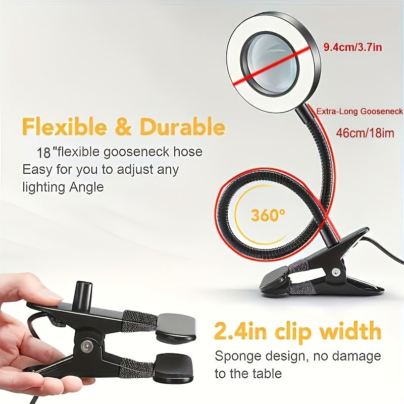 Diamond Painting Magnifier LED Clamp Lamp 10X Hands-Free 5V USB 3 Color Modes 10 Brightness Levels 18'' Flexible Gooseneck for Crafts Sewing Jewelry Making Embroidery Reading Hobby Desk Light